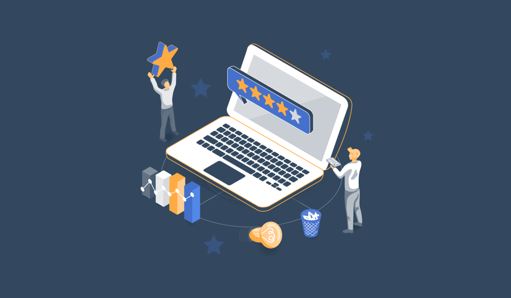 Illustration of two people, one holding a star overhead, standing around a laptop, rating their online bookkeeping service