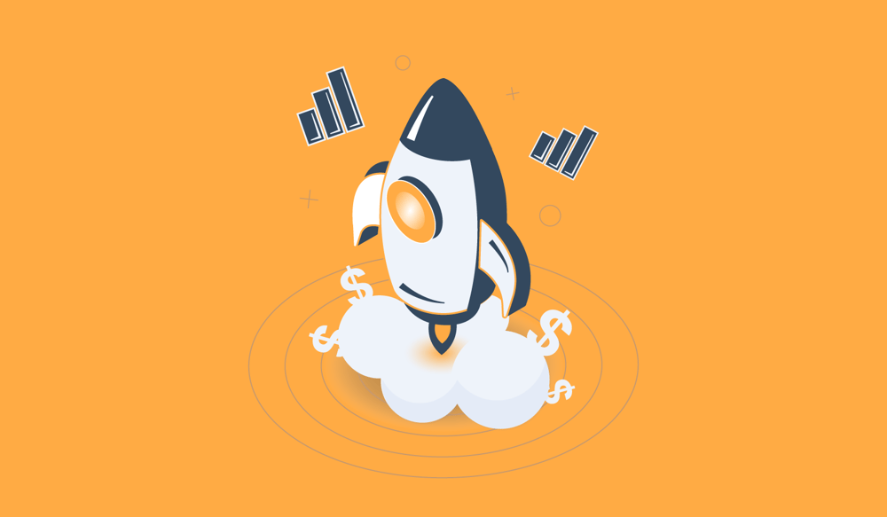 Rocket ship in an orange background ready to launch