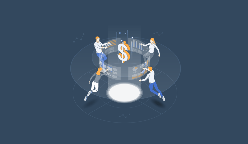 An illustration of four people around a dollar sign symbol, representing accounting and CFO services.