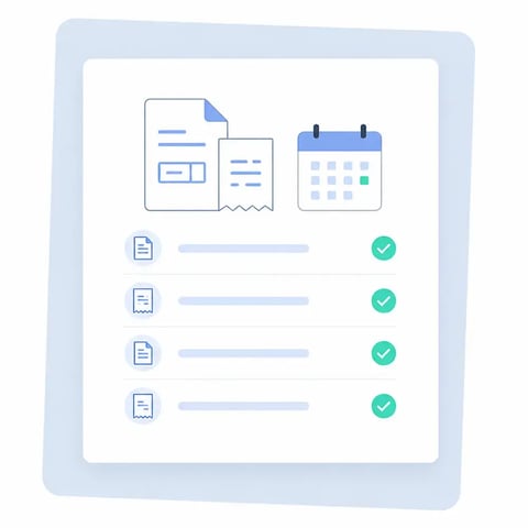Bookkeeping dashboard with transaction checklist and invoice symbols