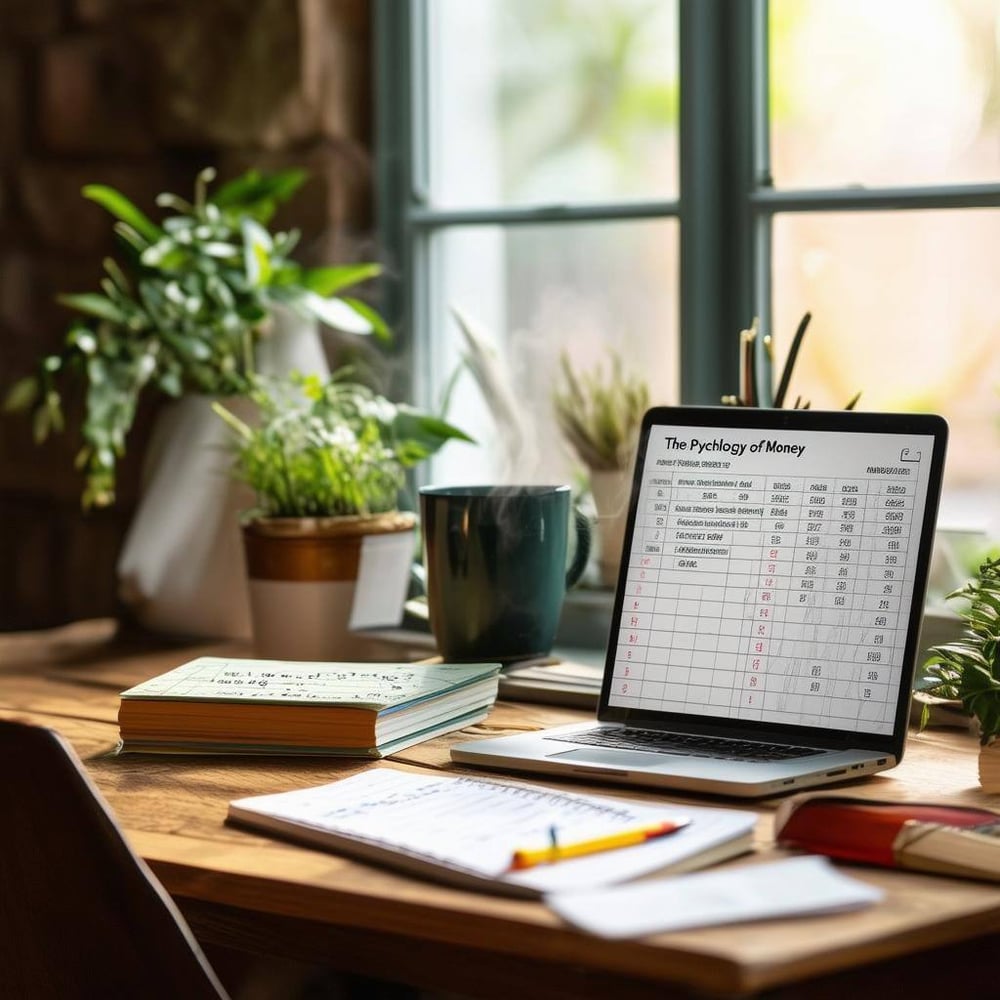 computer on a desk with plants and spreadsheets