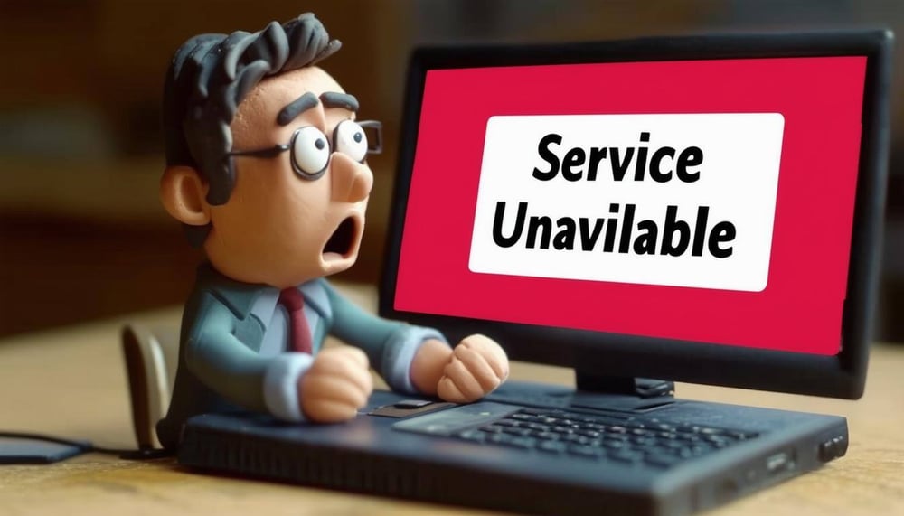 A claymation concerned business owner sitting at a laptop displaying a "Service Unavailable" message. 