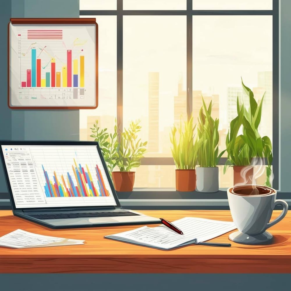 The image features a modern office setting with a sleek wooden desk that has a laptop open, displaying a financial spreadsheet. A notepad with a pen lies beside the laptop, filled with handwritten notes and questions. To the right, there is a cup of coffee steaming gently, adding warmth to the workspace. The background showcases a large window with natural light streaming in, illuminating potted plants on the windowsill. A wall-mounted whiteboard is visible, filled with colorful charts and bullet points about accounting strategies. The atmosphere is professional yet inviting, suggesting a productive environment for discussing financial matters. A subtle hint of greenery from the plants contrasts with the minimalist decor.