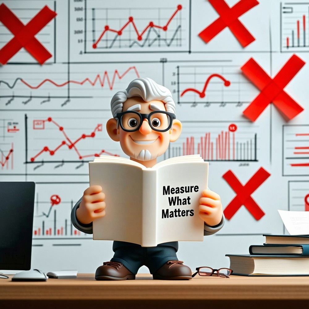 A claymation business owner reading a book called "Measure What Matters"