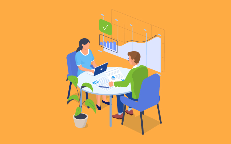 orange graphic with two business professionals sitting at a table reviewing accounting charts