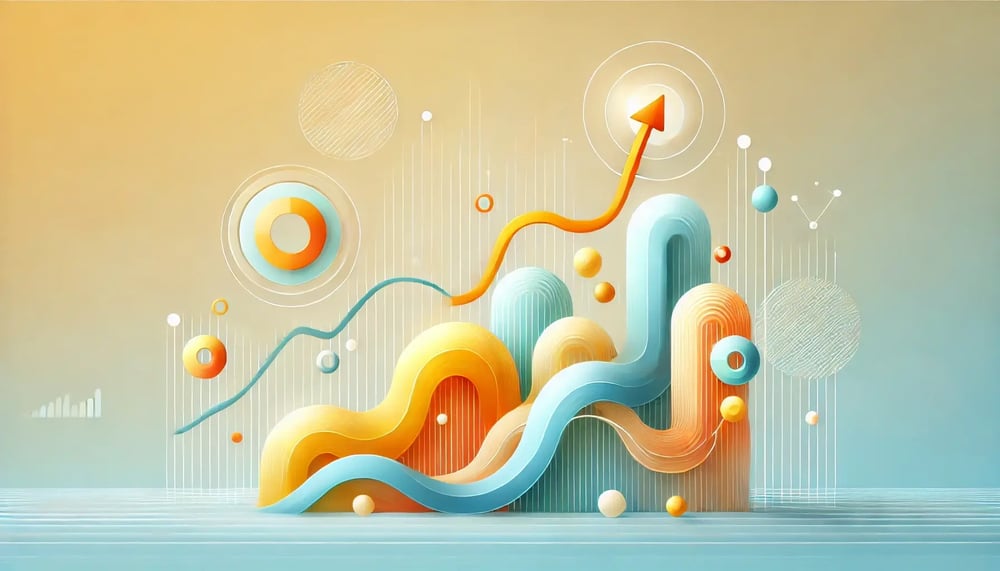 a bright and colorful image with abstract elements representing financial growth and analytics. The design should include smooth ascending curves and subtle wave patterns with a clean and minimal composition