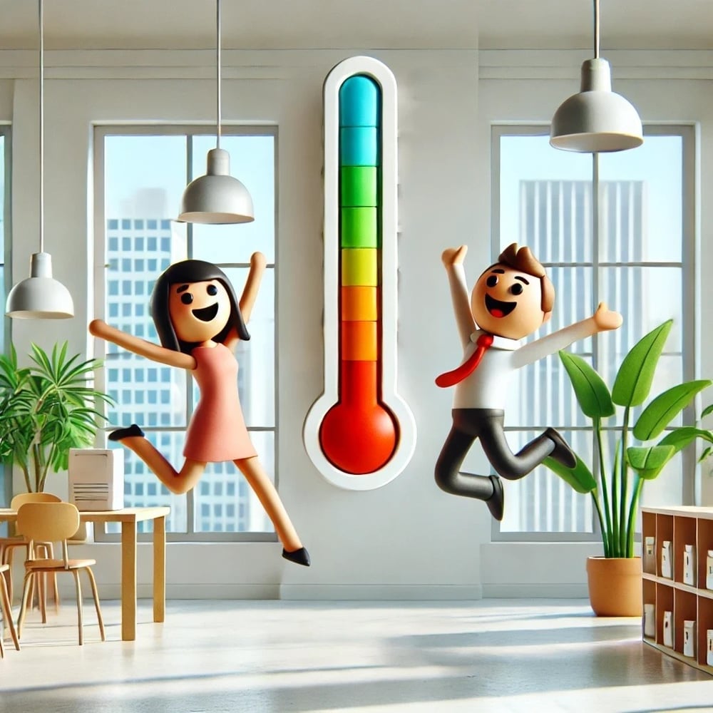 money saving thermometer on the wall and cheering employees for reaching their goal