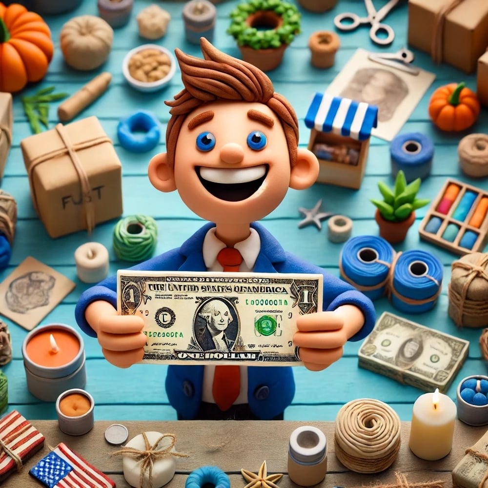 small business owner holding up their first dollar