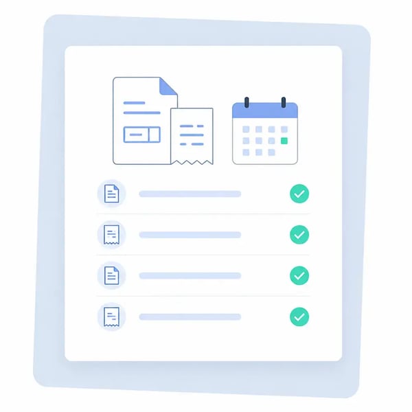 Illustrated bookkeeping dashboard with transaction checklist and invoice symbols