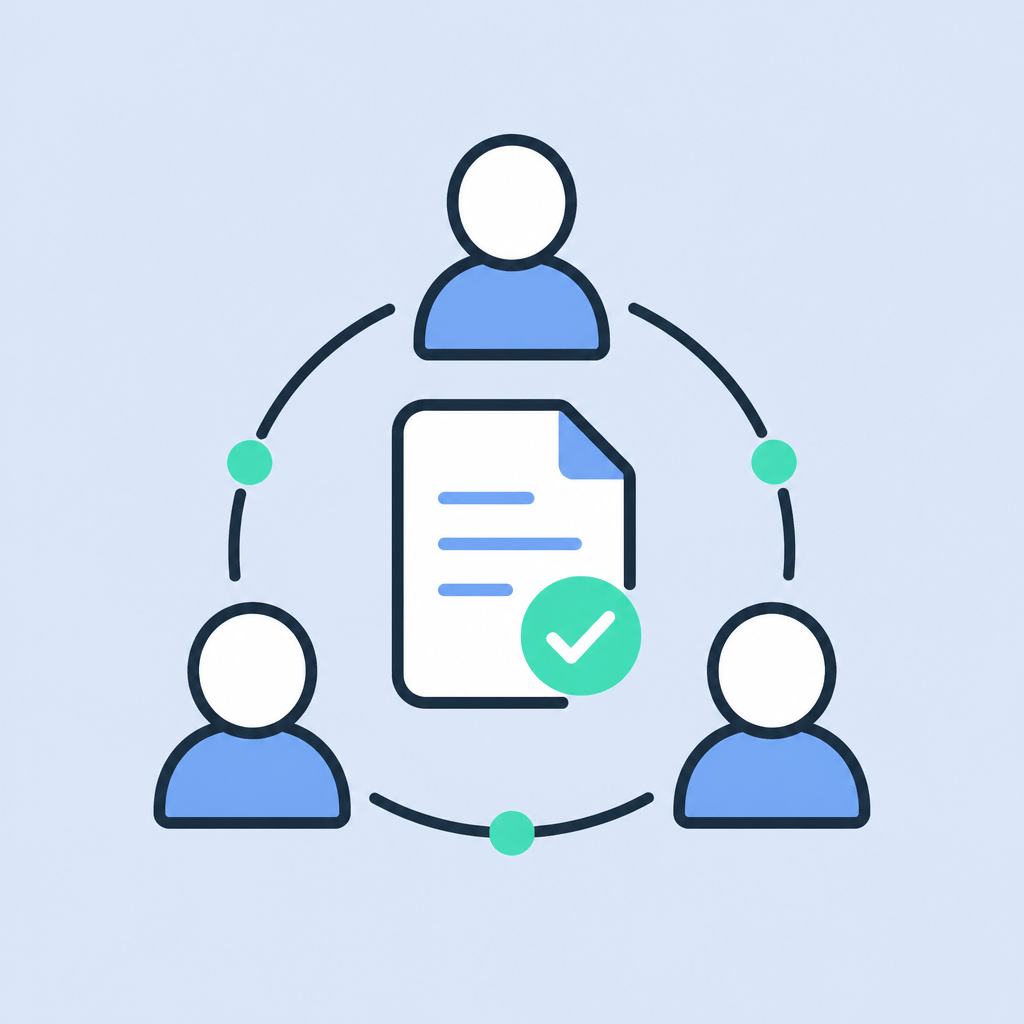 Three people linked around a shared document representing collaboration