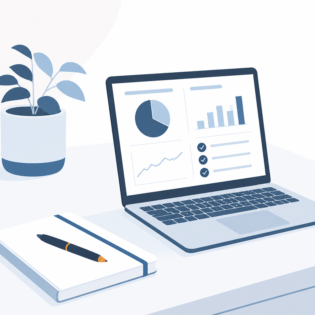 Flat illustration of a laptop with financial charts and an organized checklist