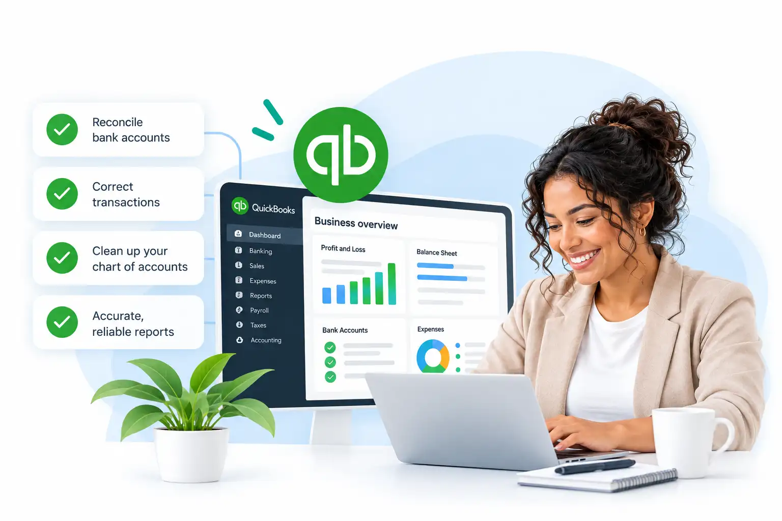 QuickBooks Hero_ Smiling Woman and Dashboard